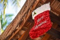 Red sock with Merry Christmas sign Royalty Free Stock Photo