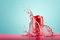 Red Soda Can with Dynamic Water Splash