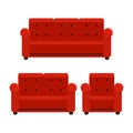 Red sofa and armchair set. Comfortable lounge for interior design isolated on white background.