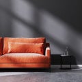 Red sofa with black coffee table in empty room with black empty wall with sun rays, black empty wall, 3d rendering Royalty Free Stock Photo
