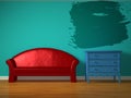 Red sofa with blue bedside table and splash frame Royalty Free Stock Photo