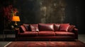 Red Sofa with a Dark Gray Empty Rustic Wall Behind Persian Rug on Floor Lux Side Table in Living Room Background Royalty Free Stock Photo