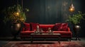 Red Sofa with a Dark Gray Empty Rustic Wall Behind Persian Rug on Floor Lux Side Table in Living Room Background Royalty Free Stock Photo