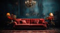 Red Sofa with a Dark Gray Empty Rustic Wall Behind Persian Rug on Floor Lux Side Table in Living Room Background Royalty Free Stock Photo