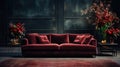 Red Sofa with a Dark Gray Empty Rustic Wall Behind Persian Rug on Floor Lux Side Table in Living Room Background Royalty Free Stock Photo