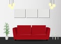 Red sofa with lamp and picture frames in living room interior vector illustration Royalty Free Stock Photo