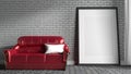 Mock up Red sofa in a living room with white brick wall background. 3d rendering Royalty Free Stock Photo