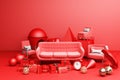 Red sofa and a lot of giftbox and geometric shape on red background