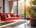 Red sofa with morning light. Minimalist style in luxury living room Royalty Free Stock Photo