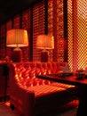 Red sofa in oriental teahouse Royalty Free Stock Photo