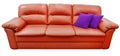 Red sofa with purple pillow. Soft lemon couch. Classic pistachio divan on isolated background Royalty Free Stock Photo