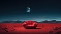 Red sofa on the surface of alien planet with a view of space. Concept for space exploration Royalty Free Stock Photo
