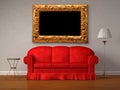 Red sofa, table and lamp with antique frame Royalty Free Stock Photo