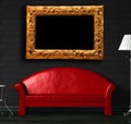 Red sofa, table and standard lamp with frame Royalty Free Stock Photo