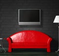 Red sofa, table and standard lamp with LCD tv Royalty Free Stock Photo