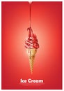 Red soft ice cream cone, Pour red syrup, strawberry raspberry fruit flavor, Vector illustration Royalty Free Stock Photo