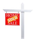 Red Sold Home for Sale Real Estate Sign Isolated on a White Background.