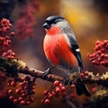 Red songbird Bullfinch sitting on yellow lichen branch Sumava Czech republic. Wildlife scene from nature. Bullfinch in forest