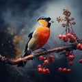 Red songbird Bullfinch sitting on yellow lichen branch Sumava Czech republic. Wildlife scene from nature. Bullfinch in forest