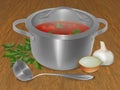 Red soup in a pot with onions, parsley and garlic.