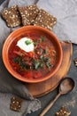 Red soup with vegetables and rye croutons. The soup is served in brown ceramic plate. Royalty Free Stock Photo