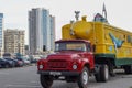 Red Soviet fire truck. Vintage cars. A truck from the USSR on the street of a modern city. Minsk, Belarus - 26 October