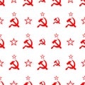 Red soviet sickle and hammer symbol on white, communist USSR pattern