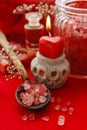 Red spa set: spoon of sea salt, jar of sea salt, bar of soap and Royalty Free Stock Photo