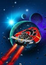 Red spaceship flying near a planetary system with Teo moons, 3d illustration Royalty Free Stock Photo