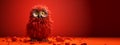 Red Spaghetti Feathered owl in a red Portrait studio. 3D animation style. AI Generated