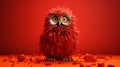 Red Spaghetti Feathered owl in a red Portrait studio. 3D animation style. AI Generated