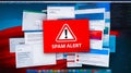 Red spam alert warning on computer screen with various messages and notifications