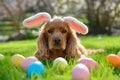 Red spaniel with rabbit ears and colorful eggs on green lawn, Easter holiday concept Royalty Free Stock Photo