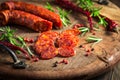 Red Spanish chorizo sausage with herbs and spices Royalty Free Stock Photo