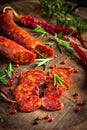 Red Spanish chorizo sausage with herbs and spices Royalty Free Stock Photo