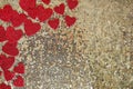 Red Sparkly Heart Confetti Framing Gold Sequin Background Royalty Free Stock Photo