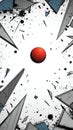 A red sphere is surrounded by sharp, angular shapes and debris in a stark, white background
