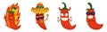 Red Spicy Chilli Pepper Character Burning In Fire, Playing Maracas, Devil With Horns And Cool Jalapeno In Sunglasses