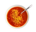 Red Spicy Noodle Soup in White Bowl Isolated Top View, Hot Chili Pepper Ramen Closeup Royalty Free Stock Photo