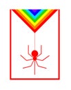 Red spider descends on a thread from a web with seven colors