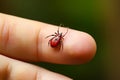 Red spider sitting on top of persons finger in hand. Generative AI Royalty Free Stock Photo