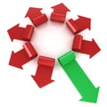 Red spiral arrows directed of the center, with one green arrows faster than others