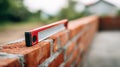 Red spirit level resting on a brick wall under construction, showcasing precision and craftsmanship in masonry work, with blurred Royalty Free Stock Photo