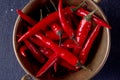 Red spisy small chili peppers in cooper bowl on dark background Royalty Free Stock Photo