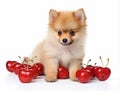 red spitz puppy with cherry