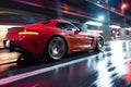 a red sports car driving down a city street at night with motion blurs on the road and on the street lights in the background Royalty Free Stock Photo