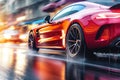 a red sports car driving down a city street in the rain with a blurry background of buildings and cars on the street and a wet Royalty Free Stock Photo