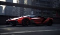 a red sports car driving down a street next to a tall building in a city with tall buildings in the background and skyscrapers in