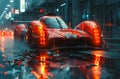 A red sports car is driving down a wet street Royalty Free Stock Photo