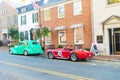 Red sports car Ford Cobra 427. Antique collector\'s car at the side of the road of the ancient city of Leesburg in Virginia